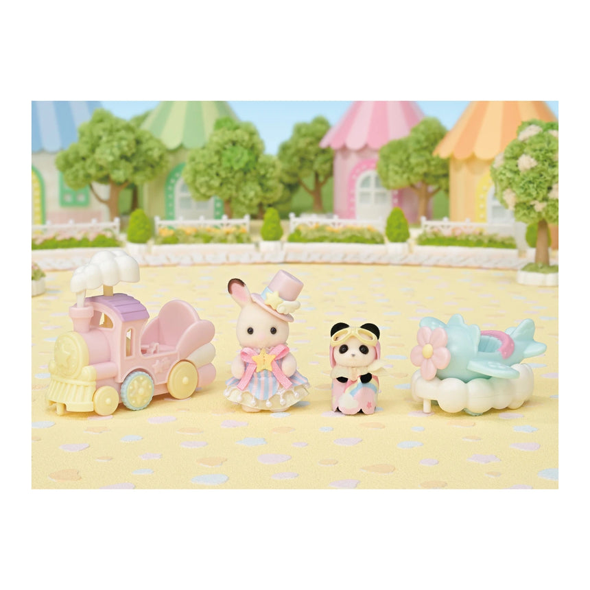 Sylvanian Families Amusement Park Ride Set Plane and Train play scene