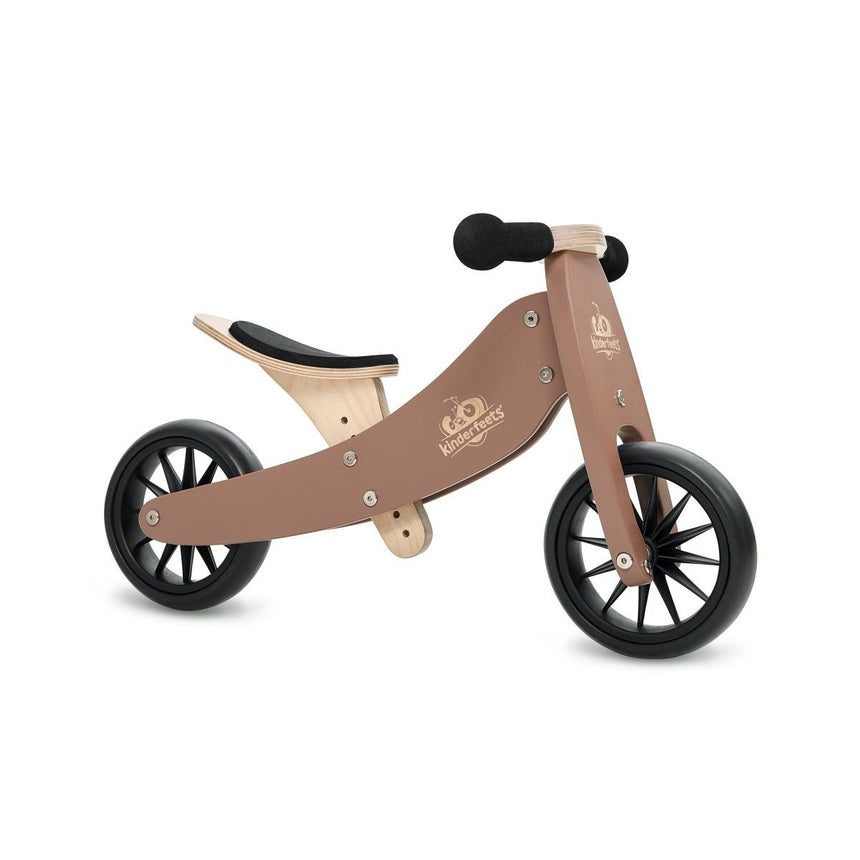 Kinderfeets Tiny Tot Mocha wooden balance bike in two-wheel mode, side view