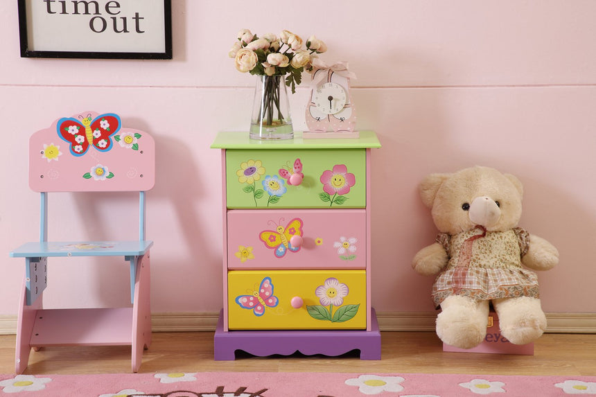 Side view of Olivia Fairy wooden kids nightstand with drawers