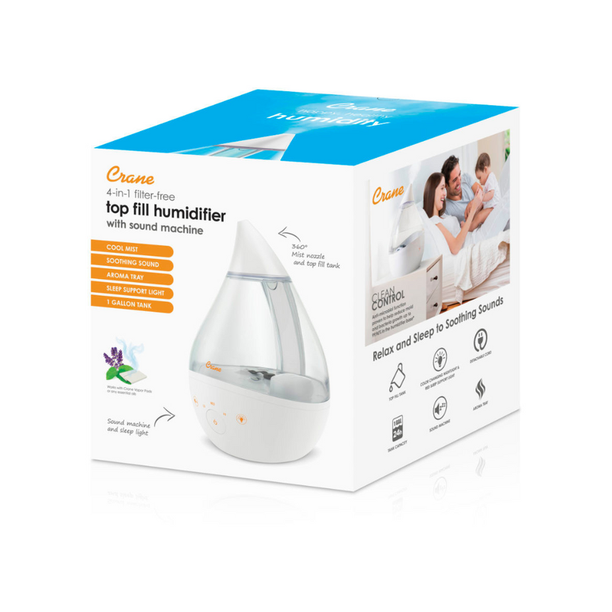 Crane 4 in 1 Top Fill Drop Humidifier w Sound Machine - Clear