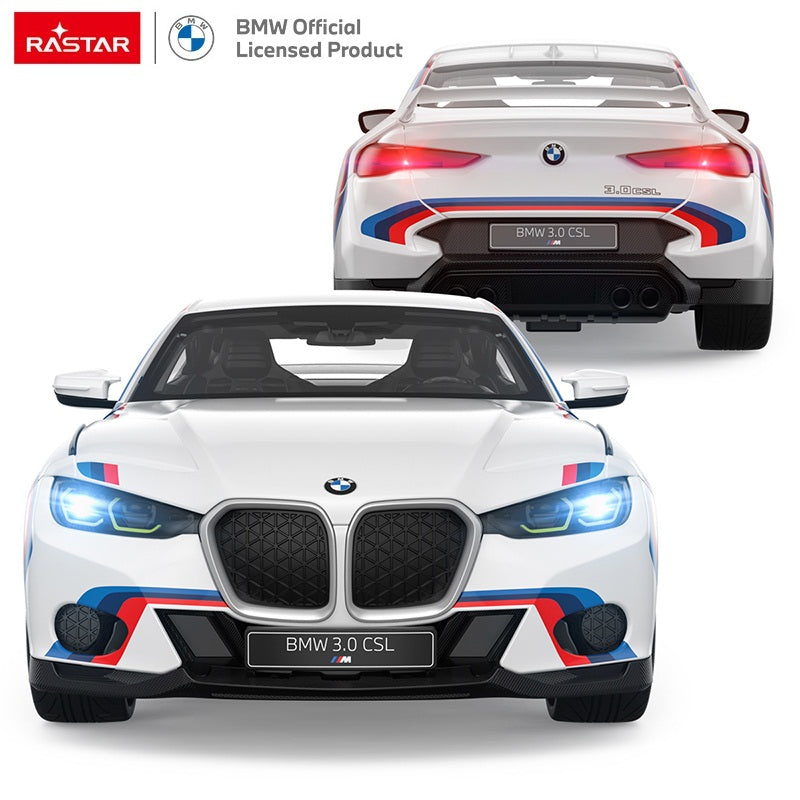 Product infographic for the Rastar 1:14 BMW 3.0 CSL RC car showing four multi-angle studio views (front-on with lights, rear 3/4, overhead, front 3/4 with door open) and a "Detail Display" section with five close-up panels covering the authorised BMW logo, flexible rear mirror, dedicated interior decoration, simulation tyre tread, and butterfly wing-style door mechanism.