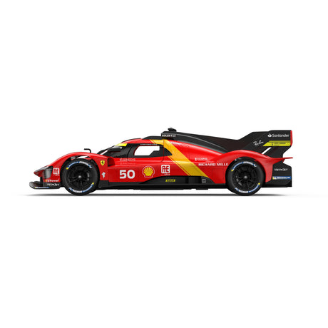 Full side profile view of the Rastar 1:14 Ferrari 499P RC car showing the complete red, black and yellow Le Mans racing livery. Features #50 race number, Shell, Santander, Richard Mille, and Michelin Pilot Sport tyre logos.