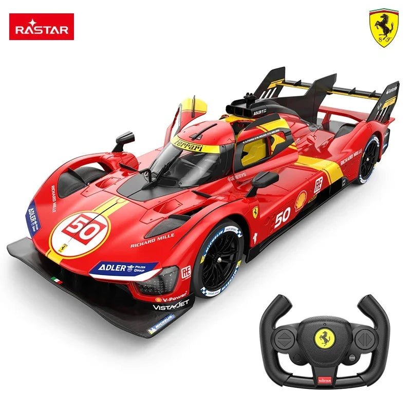 Rastar 1:14 Ferrari 499P RC car in red Le Mans racing livery with #50, shown in front 3/4 view alongside the Ferrari-branded steering wheel remote controller. Rastar and Ferrari badges visible on white background.
