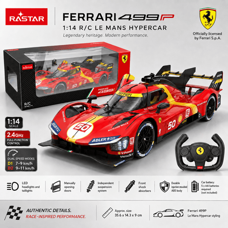 Rastar Ferrari 499P 1:14 RC Le Mans Hypercar product overview showing retail box, the RC car with working LED lights, and steering wheel controller. Callout icons highlight 2.4GHz control, dual speed modes D1 (7–9 km/h) and D2 (9–11 km/h), opening doors, independent suspension, and front shock absorbers.