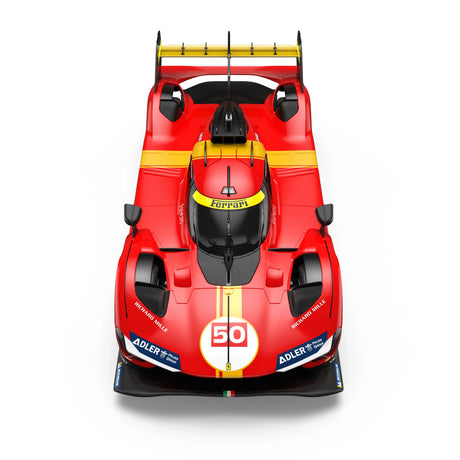 Top-down overhead view of the Rastar 1:14 Ferrari 499P RC car showing the full aerodynamic body including rear wing, racing helmet driver figure, red and yellow Le Mans livery with #50. Clean white background.