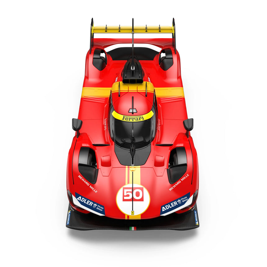 Top-down overhead view of the Rastar 1:14 Ferrari 499P RC car showing the full aerodynamic body including rear wing, racing helmet driver figure, red and yellow Le Mans livery with #50. Clean white background.