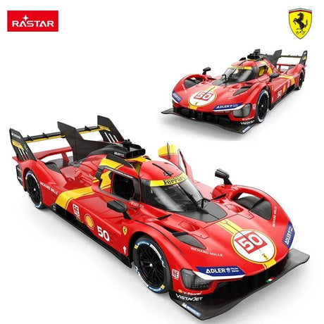Two-angle composite of the Rastar 1:14 Ferrari 499P RC car: top-down view (top-right) and close-up front angled view (main) showing detailed Le Mans #50 red and yellow livery with sponsor decals including Richard Mille and Adler.