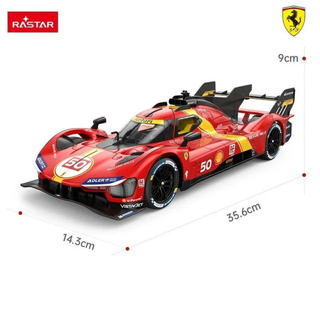 Rastar 1:14 Ferrari 499P RC car shown in 3/4 perspective with size dimensions annotated: 35.6 cm length, 14.3 cm width, 9 cm height. Red Le Mans livery with #50. Rastar and Ferrari logos in top corners.