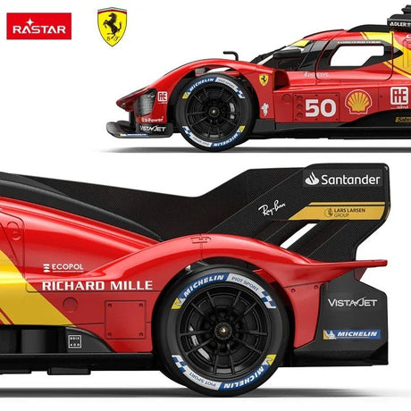 Close-up detail composite of the Rastar 1:14 Ferrari 499P RC car. Top panel shows side front section with Michelin tyres and Shell logo; bottom panel shows rear 3/4 detail of the large wing with Santander, Ray-Ban, Richard Mille, and Michelin Pilot Sport branding.