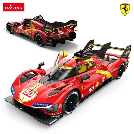 Two-angle composite of the Rastar 1:14 Ferrari 499P RC car: rear 3/4 view (top) showing the large rear wing and aerodynamic tail, and front 3/4 view (bottom) showing the wide nose and #50 roundel. Red and yellow Le Mans racing livery.