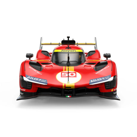 Front-on view of the Rastar 1:14 Ferrari 499P RC car showing wide carbon fibre front splitter, dual LED headlights, #50 roundel, Adler sponsor banners, and Italian flag detail. Red and yellow Le Mans racing livery.