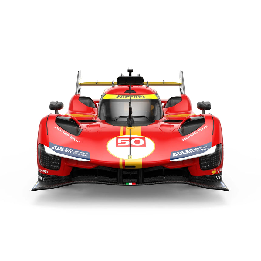 Front-on view of the Rastar 1:14 Ferrari 499P RC car showing wide carbon fibre front splitter, dual LED headlights, #50 roundel, Adler sponsor banners, and Italian flag detail. Red and yellow Le Mans racing livery.