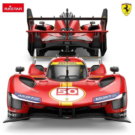 Front and rear composite view of the Rastar 1:14 Ferrari 499P RC car. Front-facing shot (foreground) shows #50 roundel and Adler logos; rear aerial view (background) reveals the large rear wing and twin fin assembly.