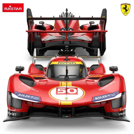 Front and rear composite view of the Rastar 1:14 Ferrari 499P RC car. Front-facing shot (foreground) shows #50 roundel and Adler logos; rear aerial view (background) reveals the large rear wing and twin fin assembly.