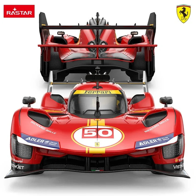 Front and rear composite view of the Rastar 1:14 Ferrari 499P RC car. Front-facing shot (foreground) shows #50 roundel and Adler logos; rear aerial view (background) reveals the large rear wing and twin fin assembly.
