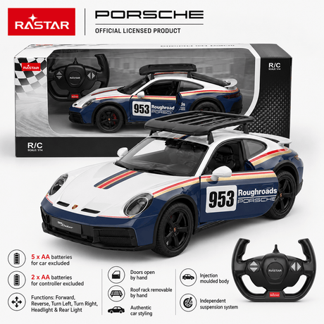 Rastar 1:14 Porsche 911 Dakar Performance RC car in white and navy blue #953 Roughroads Porsche Dakar rally livery, shown from a left side profile angle with the roof rack mounted on top, alongside the steering-wheel remote controller displayed above it; Porsche Official Licensed Product branding visible.