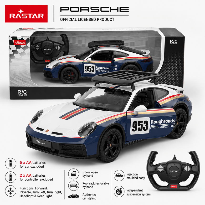 Rastar 1:14 Porsche 911 Dakar Performance RC car in white and navy blue #953 Roughroads Porsche Dakar rally livery, shown from a left side profile angle with the roof rack mounted on top, alongside the steering-wheel remote controller displayed above it; Porsche Official Licensed Product branding visible.