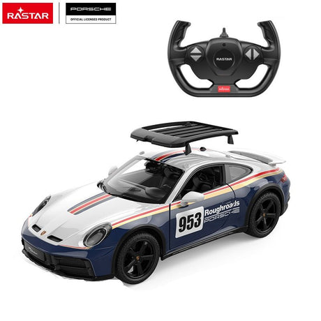 Rastar 1:14 Porsche 911 Dakar Performance RC car photographed from a rear three-quarter angle, showing the open driver's door revealing the interior dashboard detail, distinctive red tail lights, roof rack, and the navy blue and white #953 Roughroads Dakar rally livery.