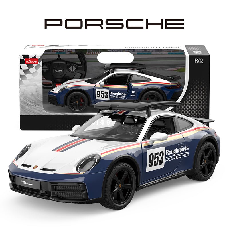 Rastar 1:14 Porsche 911 Dakar Performance RC car product shot featuring the car in white and navy blue #953 Roughroads livery displayed with its retail packaging box (top) and the steering-wheel remote controller; key feature icons below highlight: 5×AA batteries for car, 2×AA for controller, forward/reverse/turn/headlight functions, manual door opening, removable roof rack, authentic car styling, injection-moulded body, and independent suspension system.