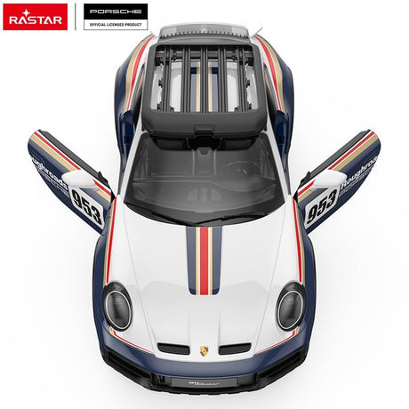 Two-view product shot of the Rastar 1:14 Porsche 911 Dakar Performance RC car in navy blue and white #953 Roughroads Porsche Dakar livery, showing a front three-quarter view (main) and a rear three-quarter angle (inset), both highlighting the roof rack and rally-style body styling.