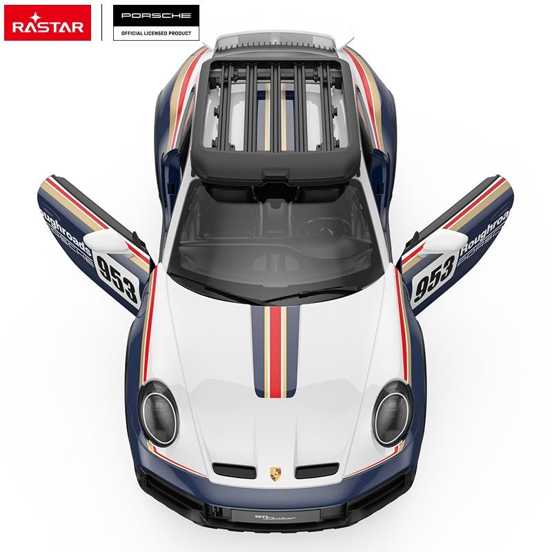 Two-view product shot of the Rastar 1:14 Porsche 911 Dakar Performance RC car in navy blue and white #953 Roughroads Porsche Dakar livery, showing a front three-quarter view (main) and a rear three-quarter angle (inset), both highlighting the roof rack and rally-style body styling.