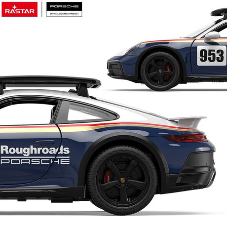 Rastar 1:14 Porsche 911 Dakar Performance RC car in its retail box packaging, shown from a front three-quarter angle inside the window-front box with the steering-wheel controller visible; the box label reads "Porsche 911 Dakar" with RASTAR branding, scale 1:14 RC designation, and racing-themed graphics.