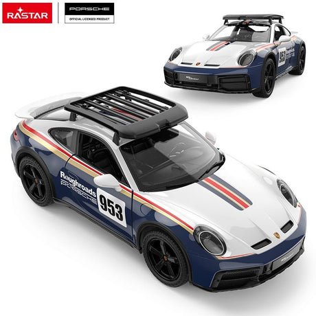 Rastar 1:14 Porsche 911 Dakar Performance RC car shown from a straight front-on and straight rear-on angle in a dual-view layout, revealing the full-width front bumper with "911 Dakar" badge, round headlights, and rear diffuser with "911 Dakar" badging on the navy and white race livery.
