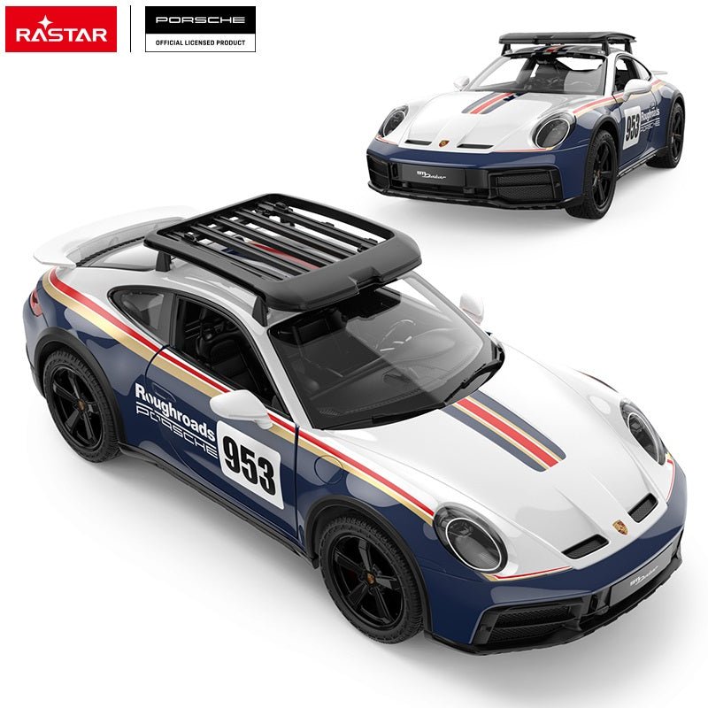 Rastar 1:14 Porsche 911 Dakar Performance RC car shown from a straight front-on and straight rear-on angle in a dual-view layout, revealing the full-width front bumper with "911 Dakar" badge, round headlights, and rear diffuser with "911 Dakar" badging on the navy and white race livery.