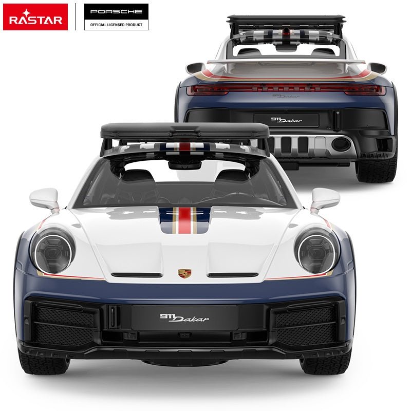 Close-up detail shots of the Rastar 1:14 Porsche 911 Dakar Performance RC car in navy blue and white #953 Roughroads livery, featuring a rear three-quarter side-profile closeup showing the "Roughroads Porsche" door graphics and a front corner inset highlighting the number 953 door panel.