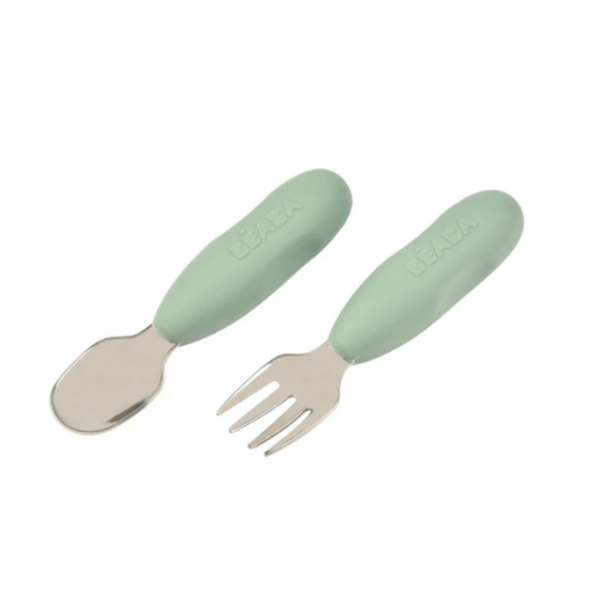 Beaba Fork & Spoon Stainless Steel Pre-Cutlery - Sage Green