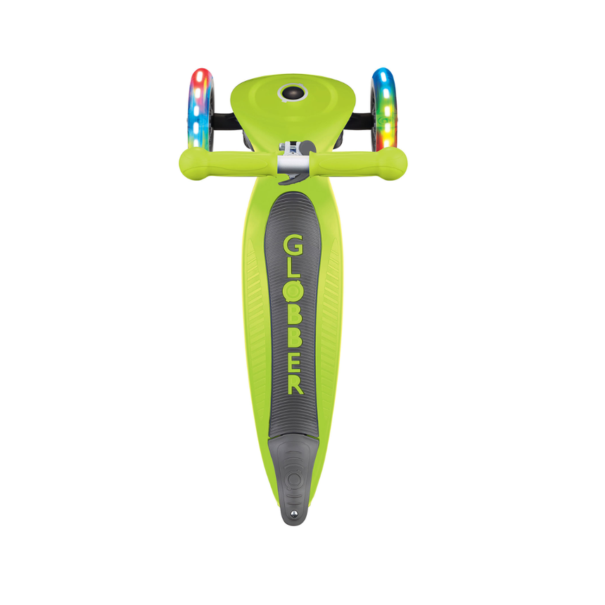 Globber Primo Foldable Scooter with Light and Anodized Tbar - Lime Green/Khaki Green