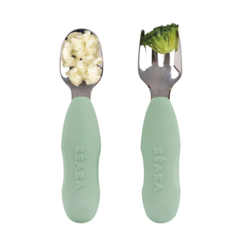 Beaba Fork & Spoon Stainless Steel Pre-Cutlery - Sage Green
