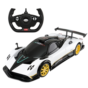 Rastar 1:14 Pagani Zonda R RC car in white and black racing livery with yellow alloy wheels, shown from a front three-quarter angle alongside its steering-wheel-style remote controller; the car features the distinctive Zonda R aerodynamic body with large rear wing.