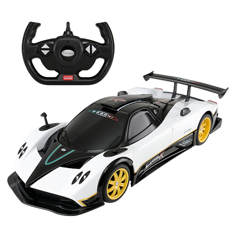 Rastar 1:14 Pagani Zonda R RC car in white and black racing livery with yellow alloy wheels, shown from a front three-quarter angle alongside its steering-wheel-style remote controller; the car features the distinctive Zonda R aerodynamic body with large rear wing.
