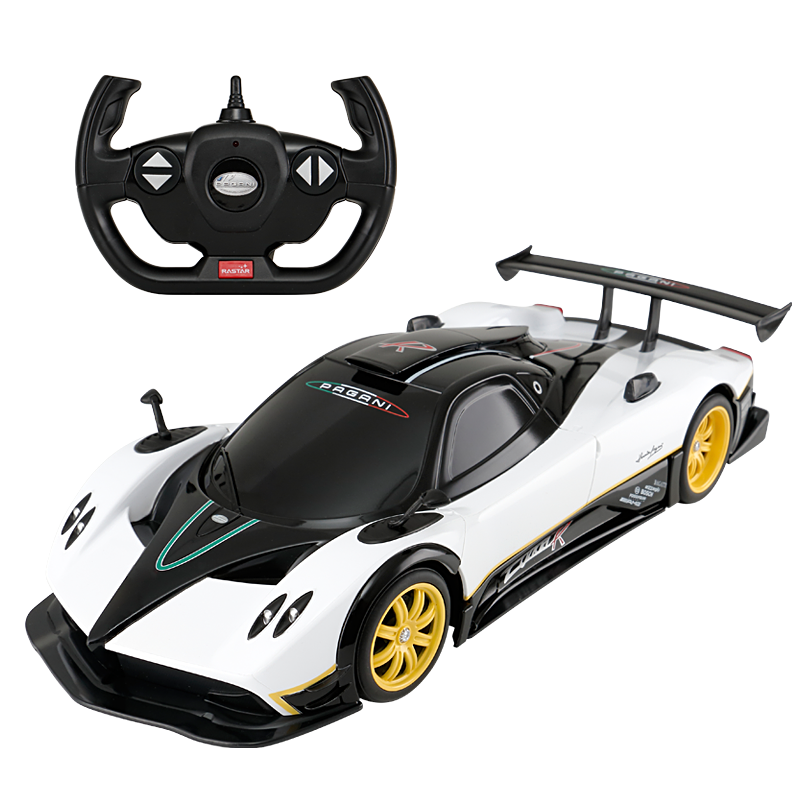 Rastar 1:14 Pagani Zonda R RC car in white and black racing livery with yellow alloy wheels, shown from a front three-quarter angle alongside its steering-wheel-style remote controller; the car features the distinctive Zonda R aerodynamic body with large rear wing.