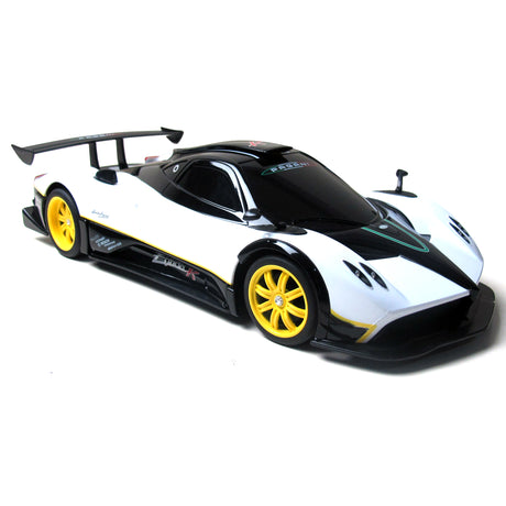Rastar 1:14 Pagani Zonda R RC car in white and black race livery with yellow wheels and "Zonda R" side graphics, photographed from a front three-quarter angle on a white background showing the large rear wing, wide body kit, and "Pirelli" and "BSPO" sponsor decals.