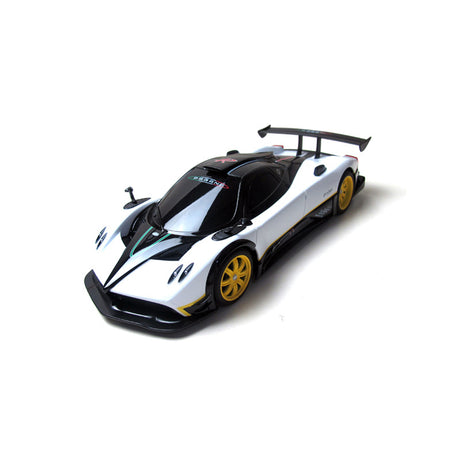 Rastar 1:14 Pagani Zonda R RC car in white and black livery with yellow wheels, shown from a front three-quarter angle, highlighting the black roof canopy with "Pagani" windscreen logo, Italian tricolour accent stripe, and aggressive front splitter.