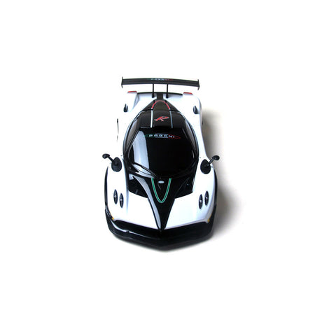 Rastar 1:14 Pagani Zonda R RC car photographed from a directly overhead angle, revealing the full white and black body with the black roof/canopy, Italian tricolour centre stripe, large multi-element rear wing, and twin exhaust stacks.