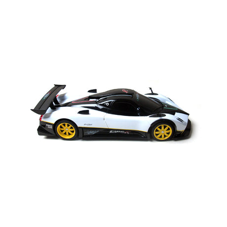 Rastar 1:14 Pagani Zonda R RC car in white and black livery with yellow wheels, shown in a pure left side profile view, displaying the full low-slung aerodynamic silhouette, rear wing, and "Zonda R" door graphics with Pirelli sponsorship decals.