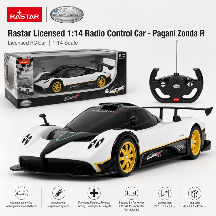 Product information image for the Rastar Licensed 1:14 Pagani Zonda R RC car, showing the car with its retail box and steering-wheel controller, and feature icons listing: authentic car styling with injection-moulded body, independent suspension, forward/reverse/turning/headlights and taillights functions, 5×AA batteries for car and 2×AA for controller (not included), vehicle dimensions 33.7×16.3×8.4 cm, and box dimensions 43×25.5×17.5 cm.