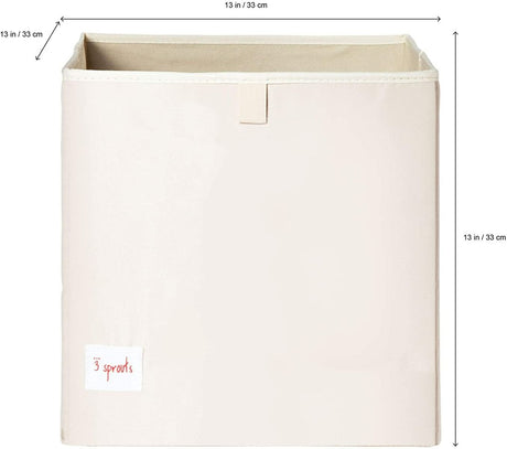 Beige fabric storage bin with dimensions and '3 Sprouts' label on a white background