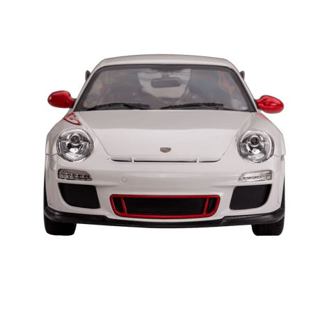 Rastar 1:14 Porsche 911 GT3 RS RC car in white with red accents, photographed straight from the front showing the Porsche crest, LED-style front headlights, red lower air intake grille, and wide front splitter.