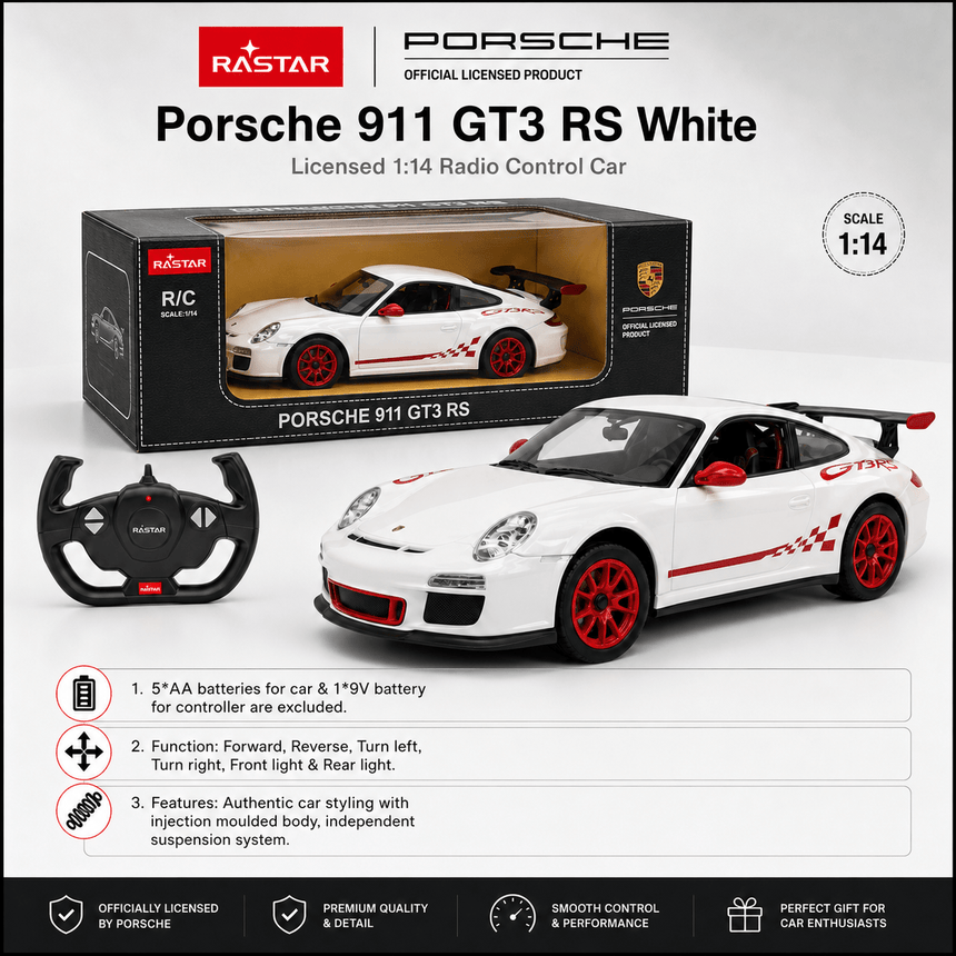 Product information image for the Rastar Porsche 911 GT3 RS White Licensed 1:14 RC Car, showing the car alongside its retail box and steering-wheel controller, with listed features: 5×AA batteries for car and 1×9V for controller (excluded), forward/reverse/left/right/front light and rear light functions, authentic car styling with injection-moulded body and independent suspension; officially licensed by Porsche.