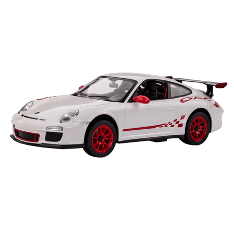 Rastar 1:14 Porsche 911 GT3 RS RC car in white with red GT3 RS racing graphics and red alloy wheels, shown from a right front three-quarter angle emphasising the GT3 RS door stripe, rear wing, and injection-moulded body detail.