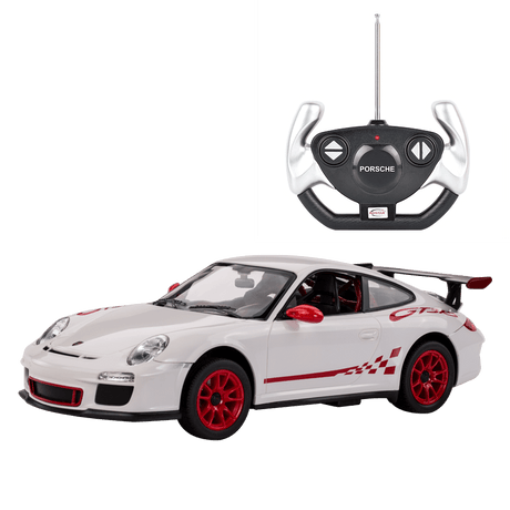 Rastar 1:14 Porsche 911 GT3 RS RC car in white with red GT3 RS race graphics and red alloy wheels, shown from a front three-quarter angle alongside the Porsche-branded steering-wheel remote controller displayed above.