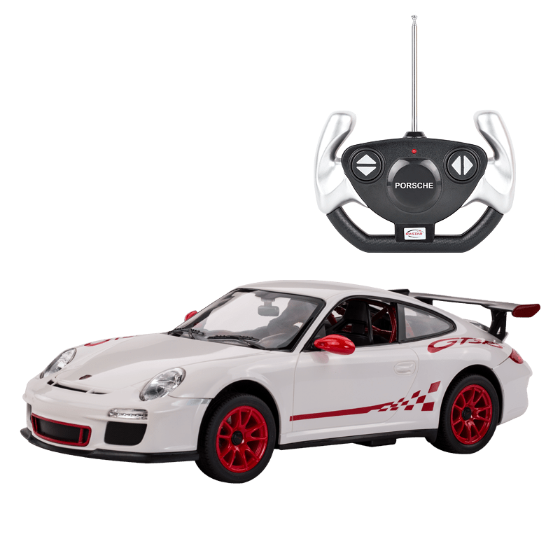 Rastar 1:14 Porsche 911 GT3 RS RC car in white with red GT3 RS race graphics and red alloy wheels, shown from a front three-quarter angle alongside the Porsche-branded steering-wheel remote controller displayed above.