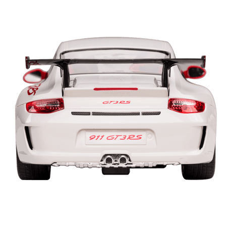 Rastar 1:14 Porsche 911 GT3 RS RC car in white with red accents, photographed from a straight rear angle showing the full-width rear wing, "GT3RS" badging on the engine lid, "911 GT3RS" licence plate, red tail lights, and dual exhaust pipes.