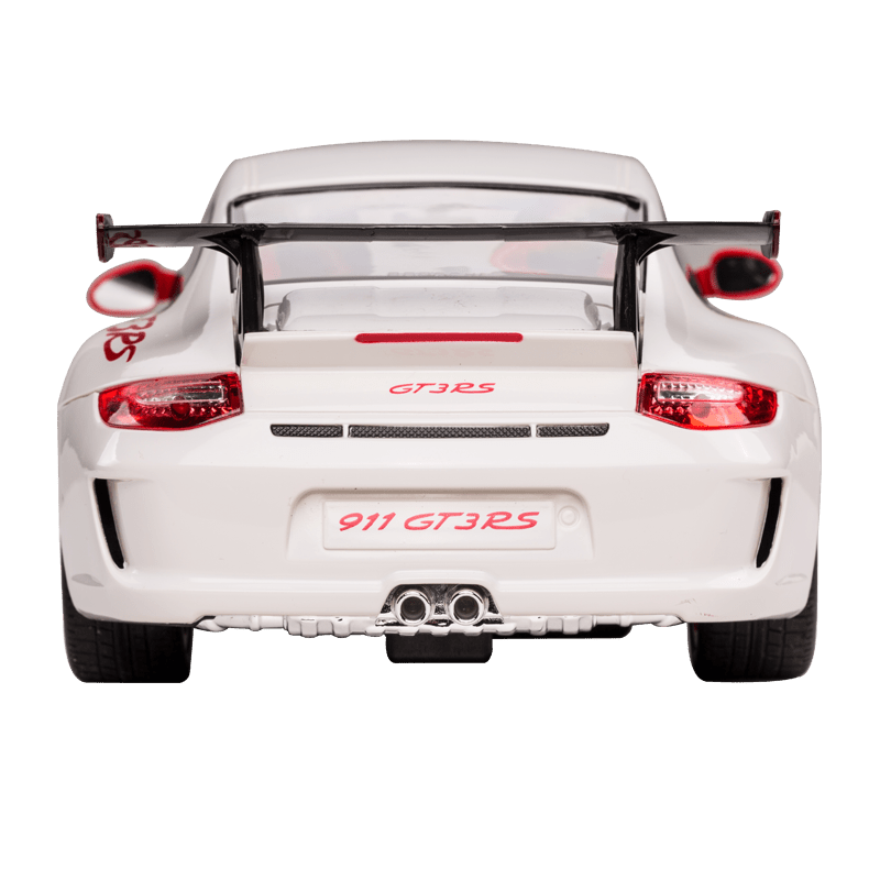 Rastar 1:14 Porsche 911 GT3 RS RC car in white with red accents, photographed from a straight rear angle showing the full-width rear wing, "GT3RS" badging on the engine lid, "911 GT3RS" licence plate, red tail lights, and dual exhaust pipes.
