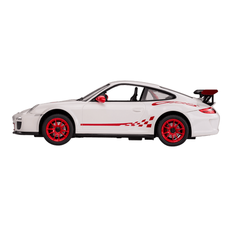 Rastar 1:14 Porsche 911 GT3 RS RC car in white with red GT3 RS side graphics and red alloy wheels, shown in a pure right side profile view highlighting the low-slung body, large rear wing, and chequered-flag race stripe graphics along the door sill.