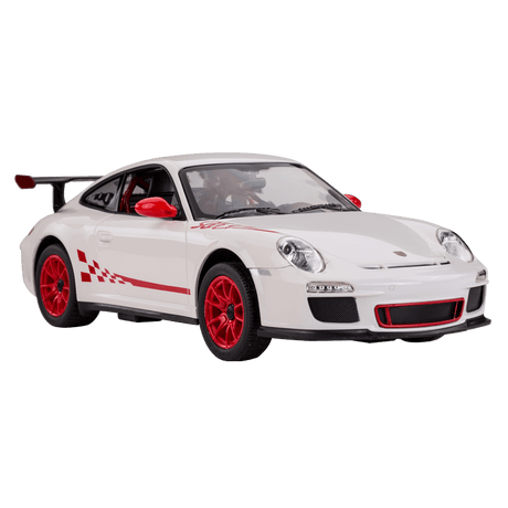 Rastar 1:14 Porsche 911 GT3 RS RC car in white with red GT3 RS graphics and red wheels, photographed from a left front three-quarter angle showing the front headlights, wide body, and large rear wing.